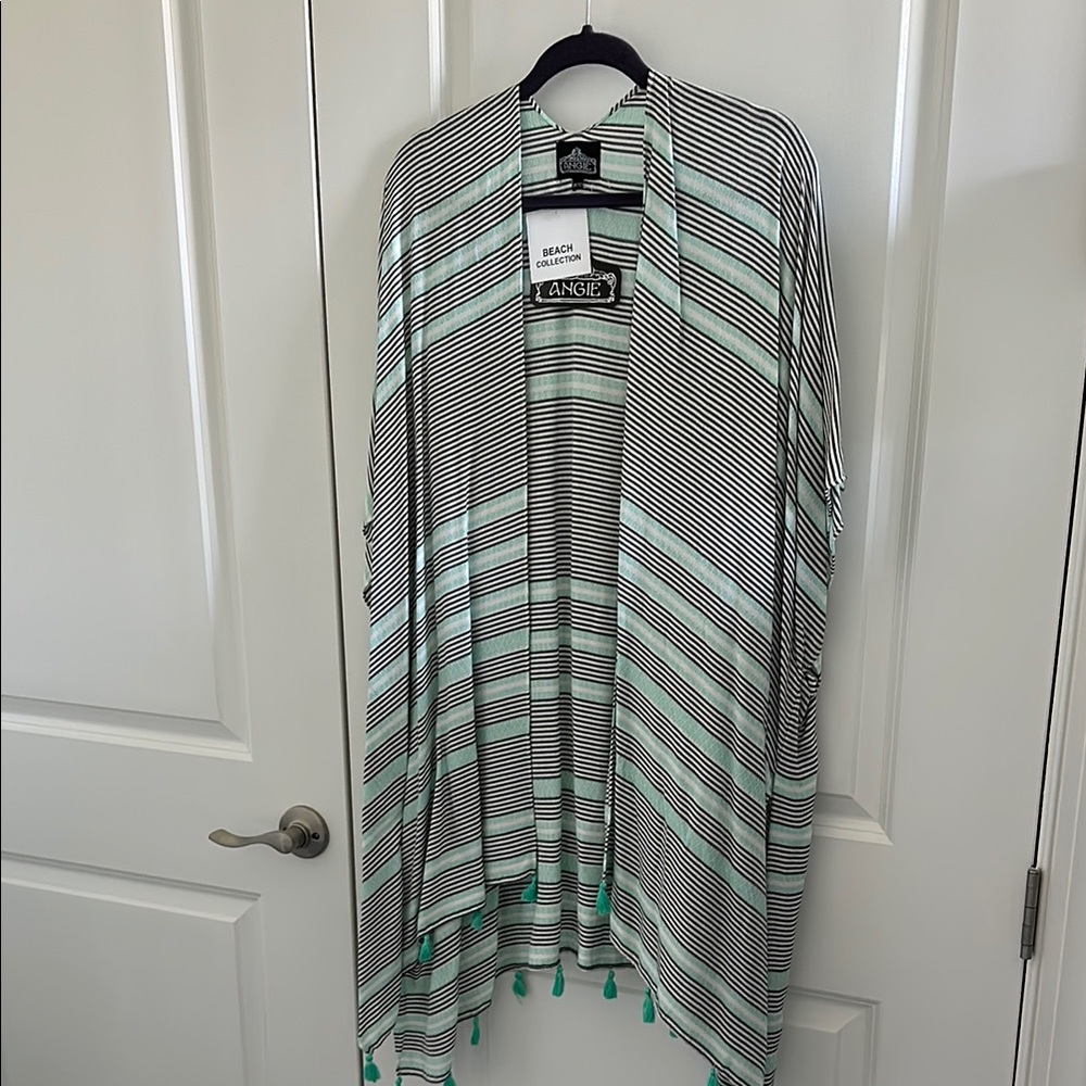 Angie Green and Black Striped Accent Tassel Kimono